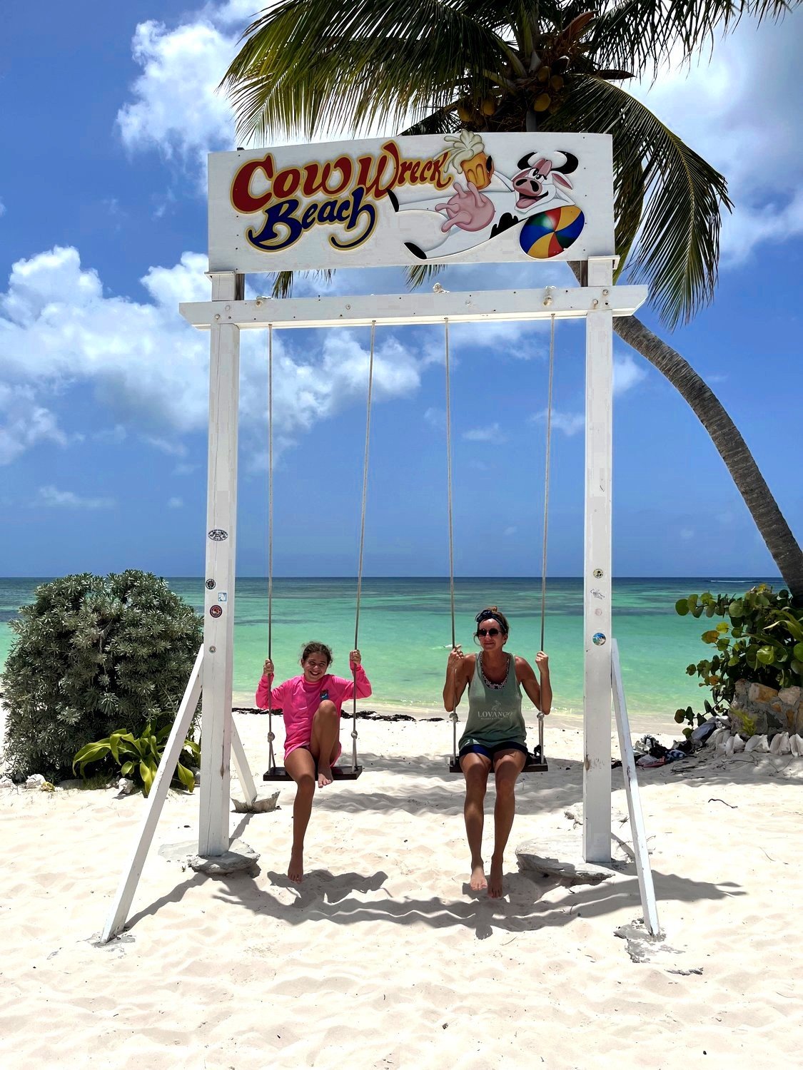 Beach swings under the Cow Wreck Beach sign on Anegada, BVI