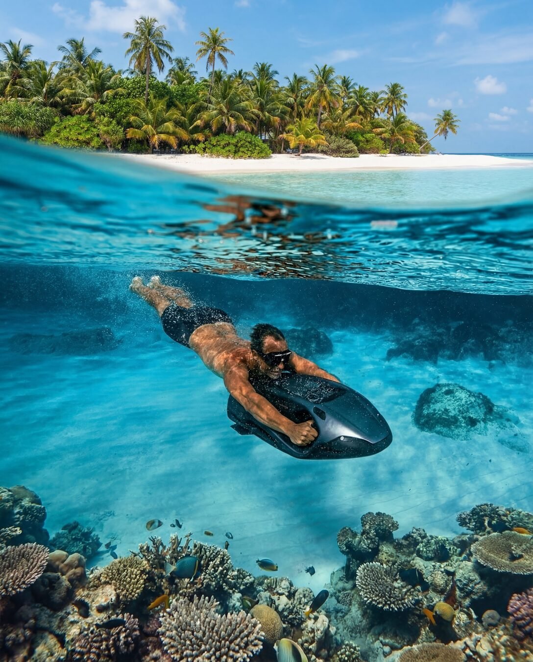 Over-under split shot of a Sea Bob rider at the surface with the reef below